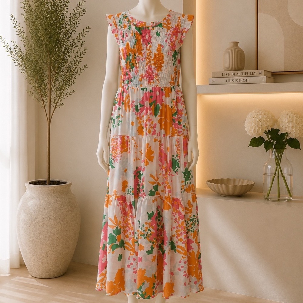 CK Bradley Dress Womens Small Floral Smocked Tiered Ruffle Midi Dress Preppy